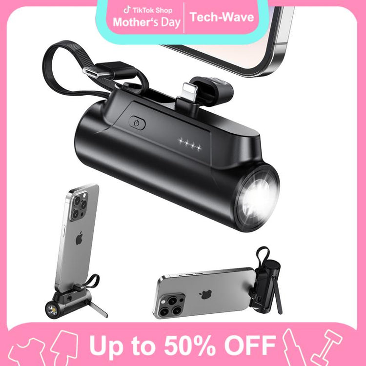 Mother'S Day 8000Mah Portable Capsule Mobile Power Bank - Mini USB-C Charging with Dual Inputs and 18W Fast Charging Built-In Ultra-Bright Flashlight - Rechargeable Mobile Power with Stand for On-The-Go Use Plug and Play, for Apple, Android,Trip,Gift