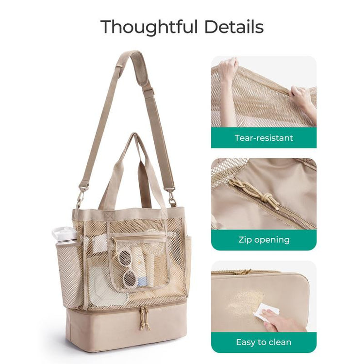 BAGSMART 14L Beach Bag for Women, Mesh Tote with Zipper, Sandproof Vacation Essentials for Swim Cruise Pool