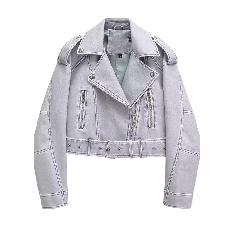 Washed Leather Motorcycle Jacket Women