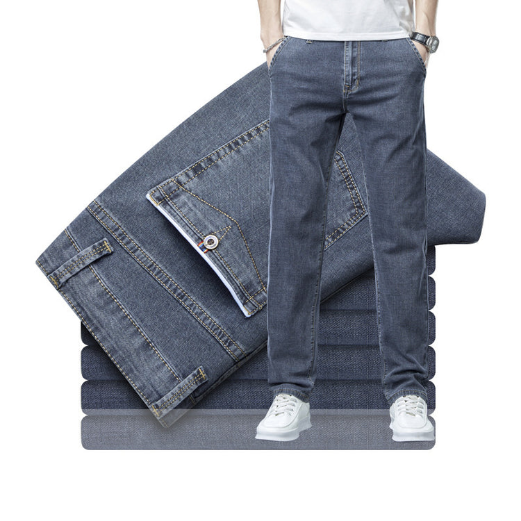 Men's Loose Elastic Jeans Straight Solid Color Casual Trousers