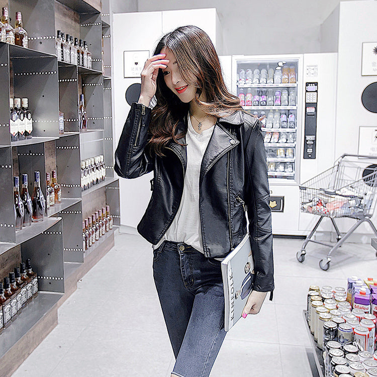 Women Fashion Short Slim Leather Jacket