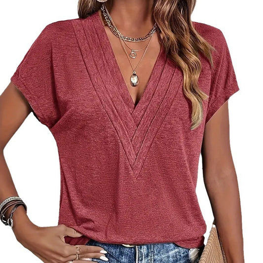 Summer New Women's Solid Color And V-neck T-shirt