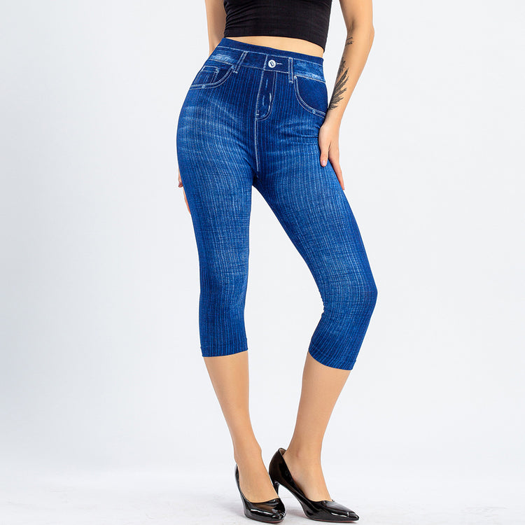 Stretch Bottoming Cropped Slim Fit Hip Raise Printed Jeans For Women