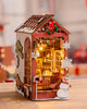 ROBOTIME DIY Christmas Dollhouse Wood Kit Book Nook BookShelf Decoration Gift, LED Lights