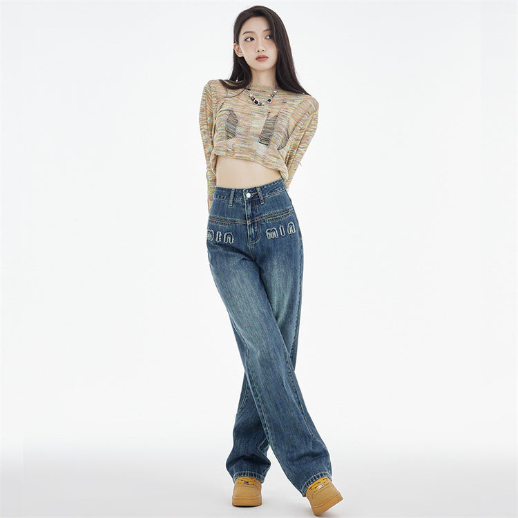 Women's Straight Jeans Dark Blue Embroidered Letters