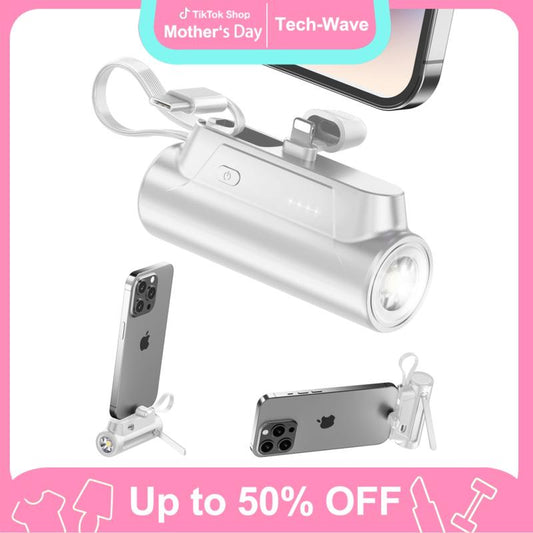 Mother'S Day 8000Mah Portable Capsule Mobile Power Bank - Mini USB-C Charging with Dual Inputs and 18W Fast Charging Built-In Ultra-Bright Flashlight - Rechargeable Mobile Power with Stand for On-The-Go Use Plug and Play, for Apple, Android,Trip,Gift