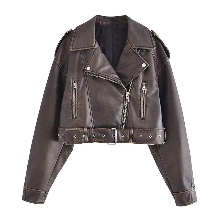 Washed Leather Motorcycle Jacket Women