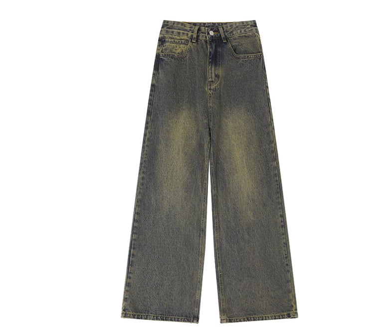 Retro Trendy Distressed Straight Wide Leg Versatile Loose Men's And Women's Denim Trousers