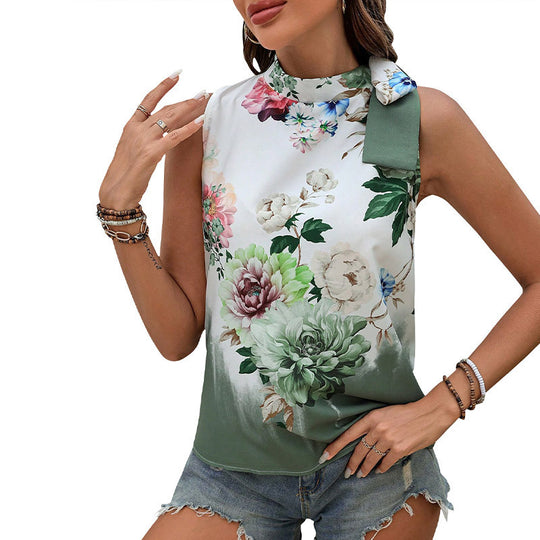 Women's Printed Sleeveless Halter Lace-up Shirt