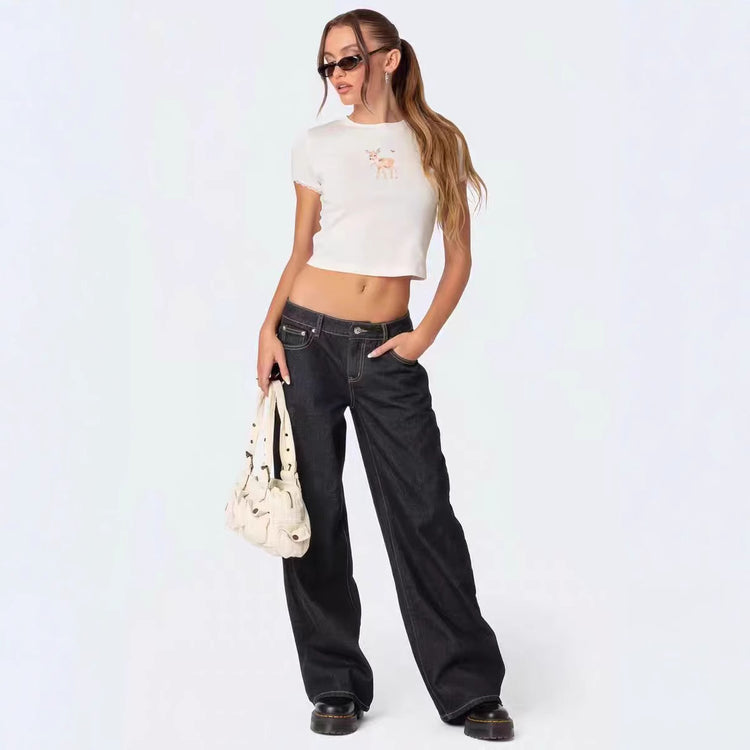 European And American Hot Girl Fashionable Simple Low Waist Wide Leg Jeans