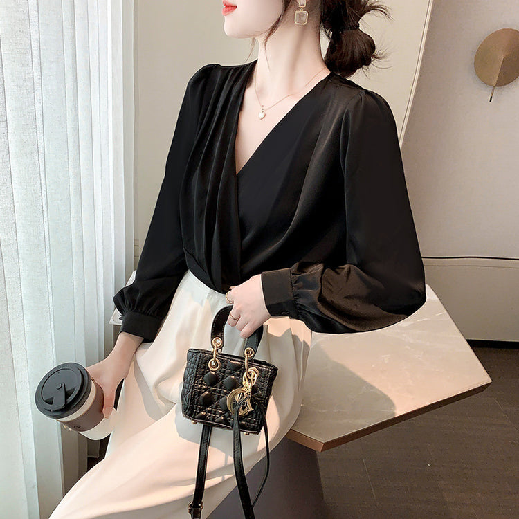 V-neck Satin Long-sleeved Shirt Women's Professional Bottoming Shirt