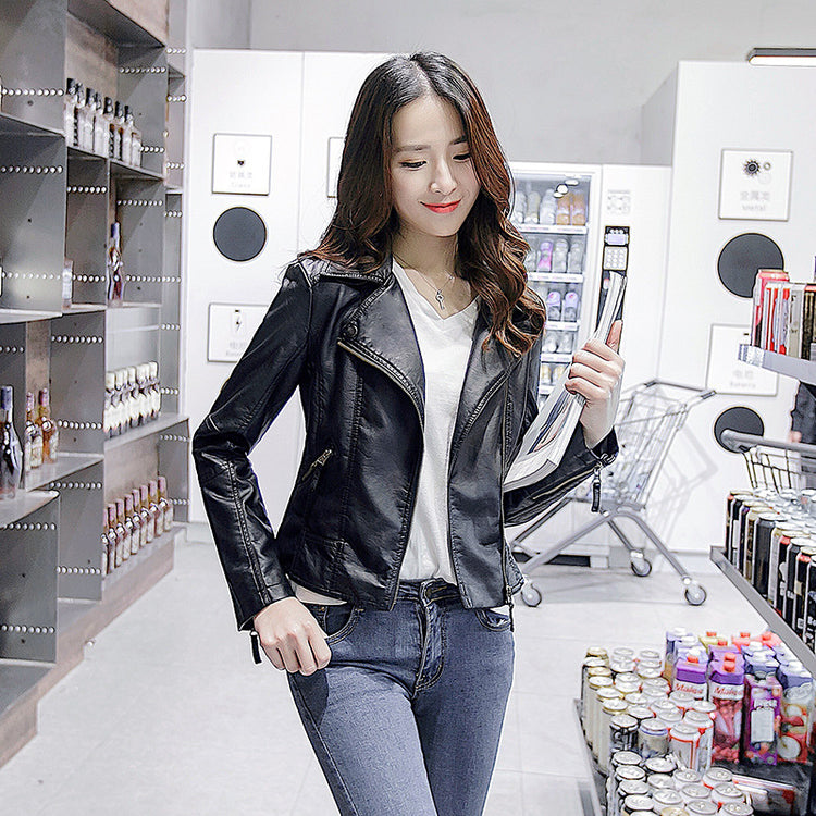 Women Fashion Short Slim Leather Jacket