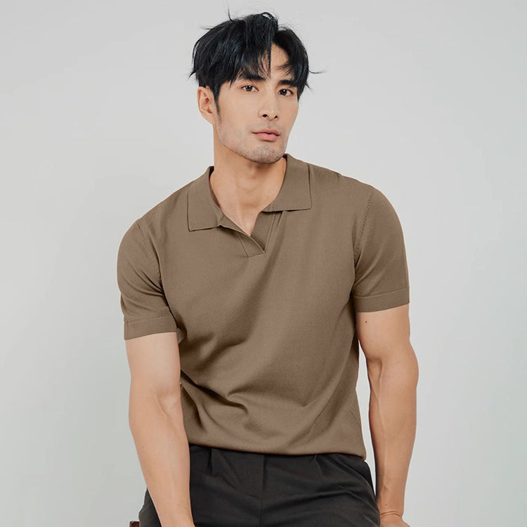 Lightly Mature Men's Lapel Knitted Polo Shirt Solid Color Short Sleeve