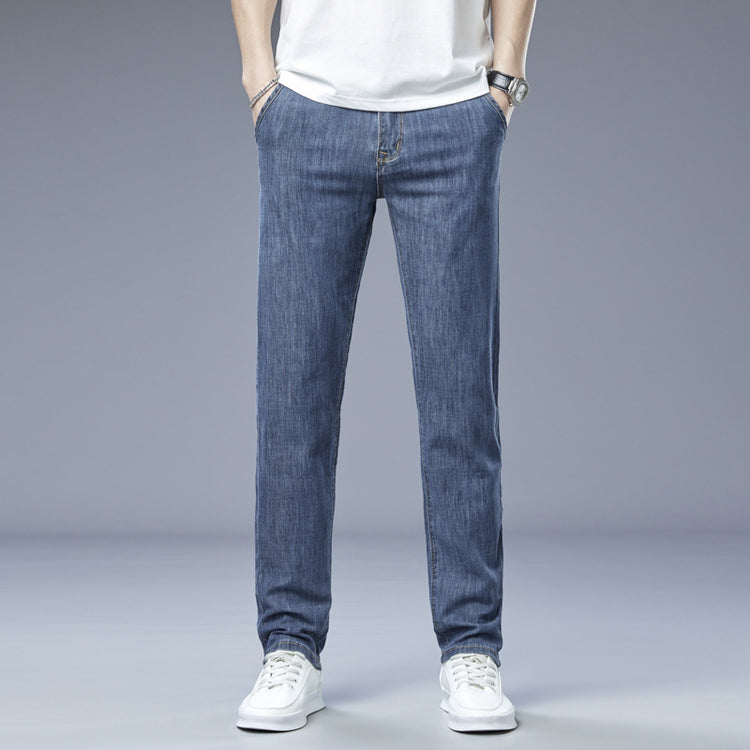 Men's Loose Elastic Jeans Straight Solid Color Casual Trousers