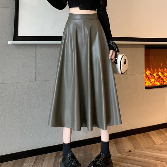 Leather Medium Length Simple A- Line Umbrella Skirt