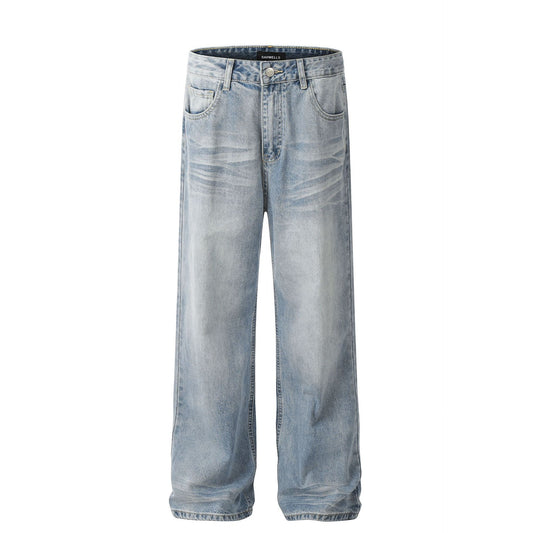 American Street Fashion High Street Wash Simple Loose Denim Trousers