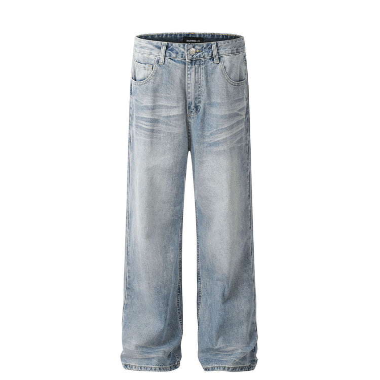 American Street Fashion High Street Wash Simple Loose Denim Trousers