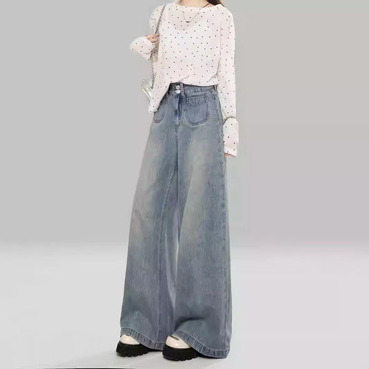 American Retro Light Blue Slimming And Wide Leg Jeans