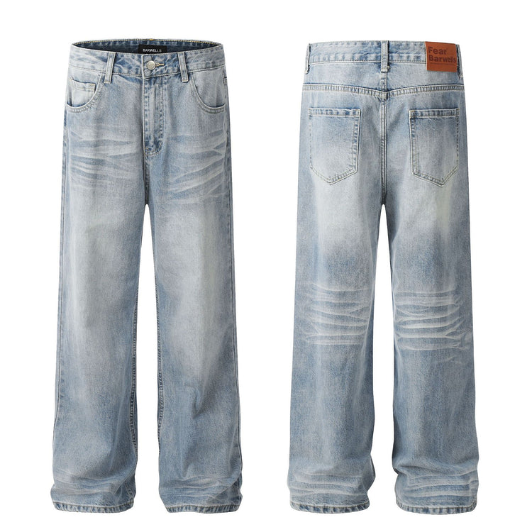 American Street Fashion High Street Wash Simple Loose Denim Trousers