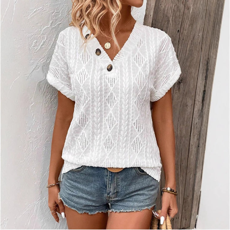 Spring And Summer Fashion V-neck Buttons Jacquard Top