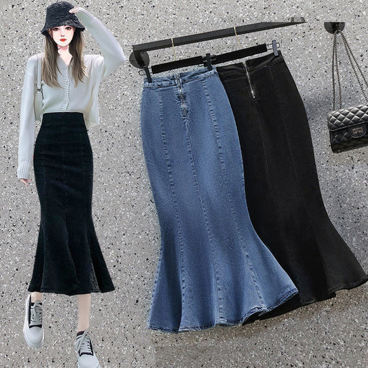 Denim Women's Ruffled Denim Skirt High Waist Slimming Stretch Midi Skirt