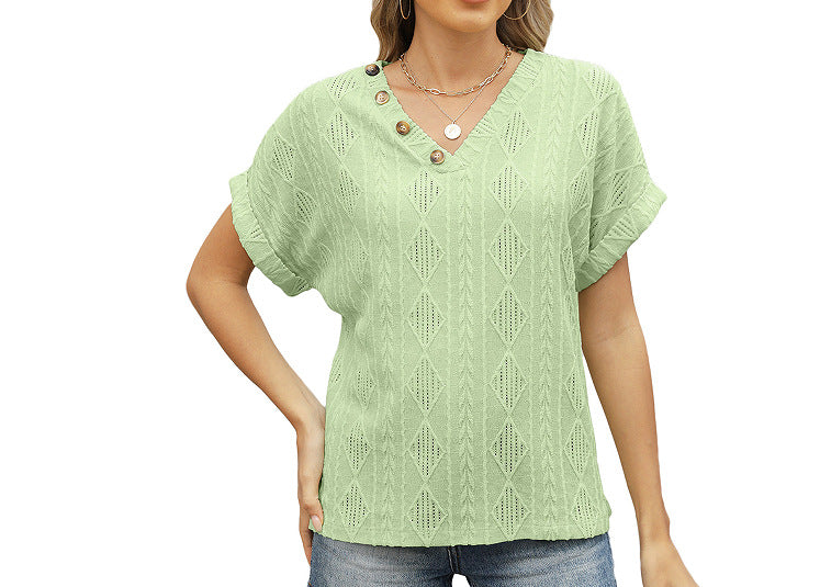 Spring And Summer Fashion V-neck Buttons Jacquard Top