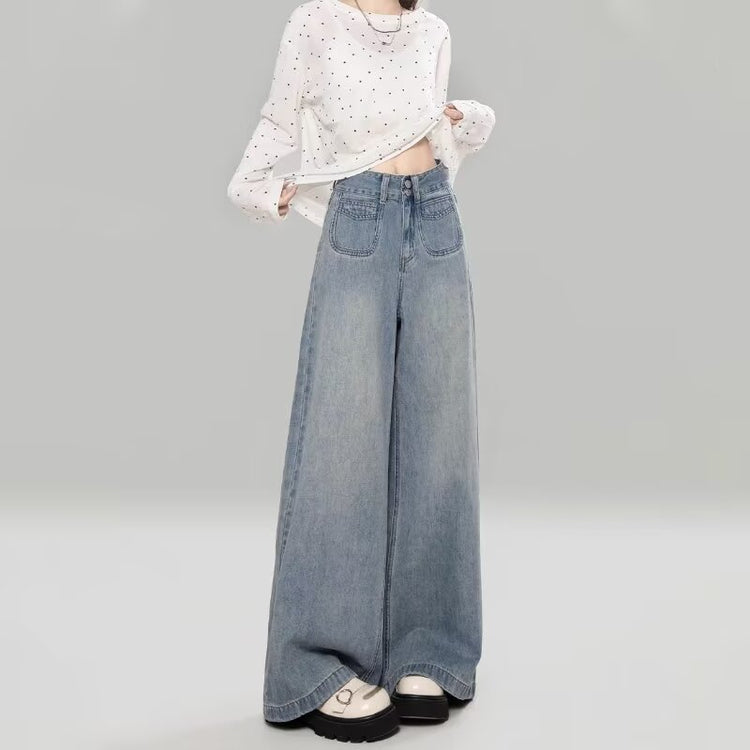 American Retro Light Blue Slimming And Wide Leg Jeans