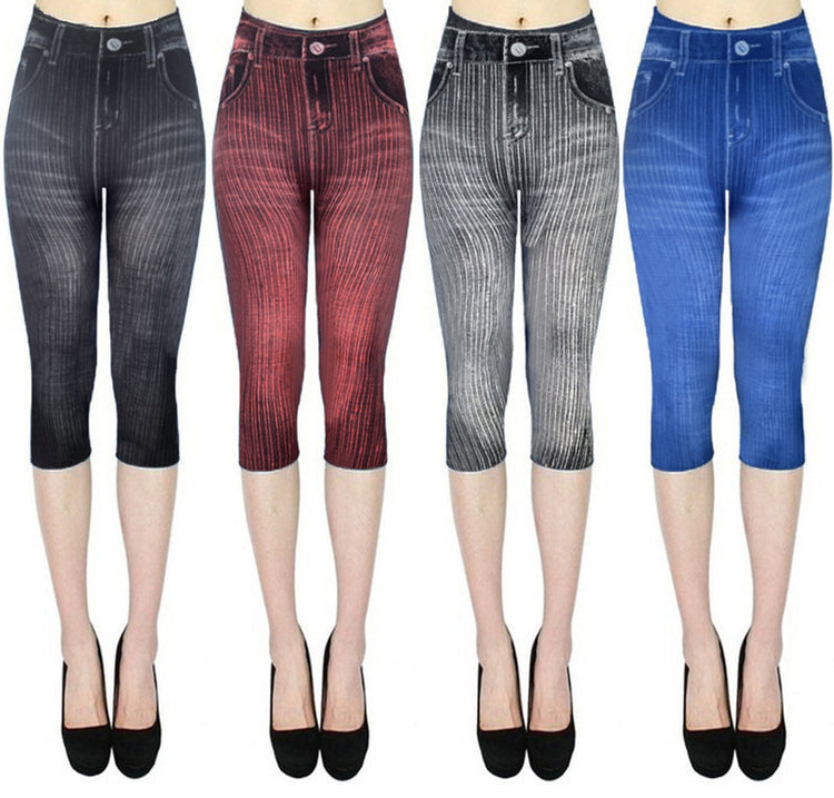 Stretch Bottoming Cropped Slim Fit Hip Raise Printed Jeans For Women