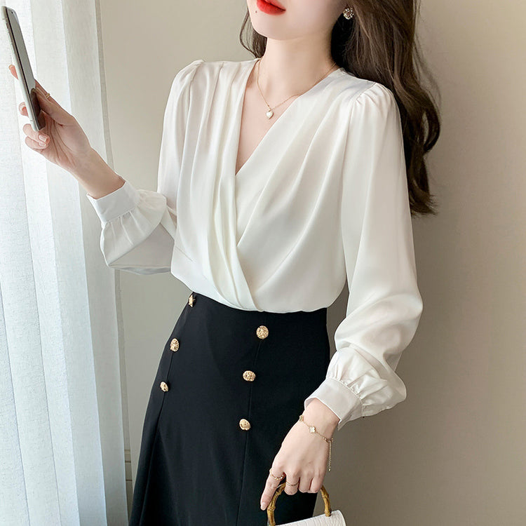 V-neck Satin Long-sleeved Shirt Women's Professional Bottoming Shirt