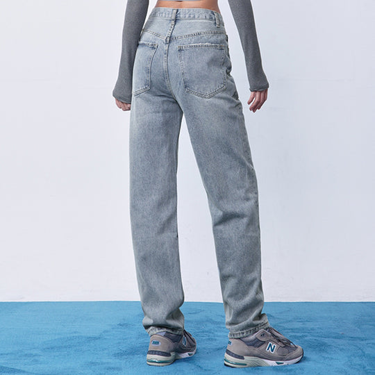 Waist Straight Irregular Oblique Breasted Denim Trousers