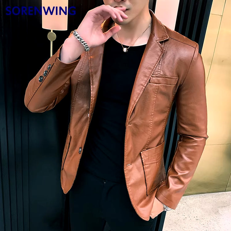 Dress Suit Coat Men'S Jackets Men'S Business Leather Jackets Men'S Pu Blazers New Korean Style Slim Thin Trend Leather Jackets