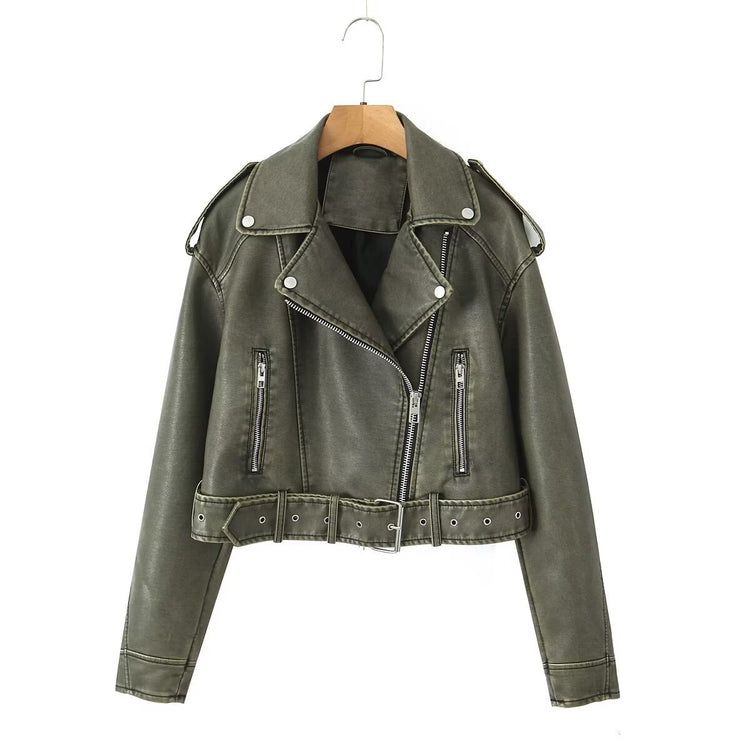 Washed Leather Motorcycle Jacket Women