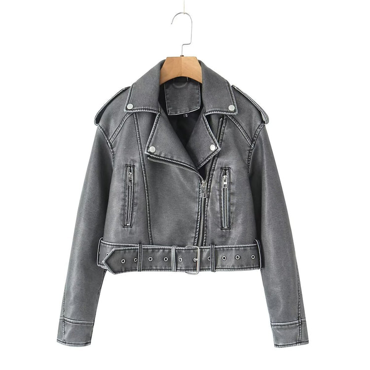 Washed Leather Motorcycle Jacket Women