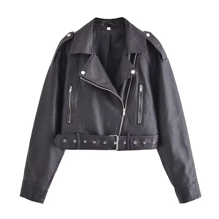 Washed Leather Motorcycle Jacket Women