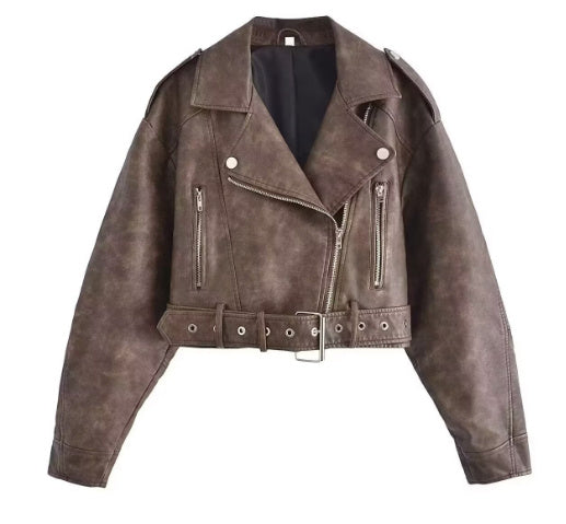 Washed Leather Motorcycle Jacket Women