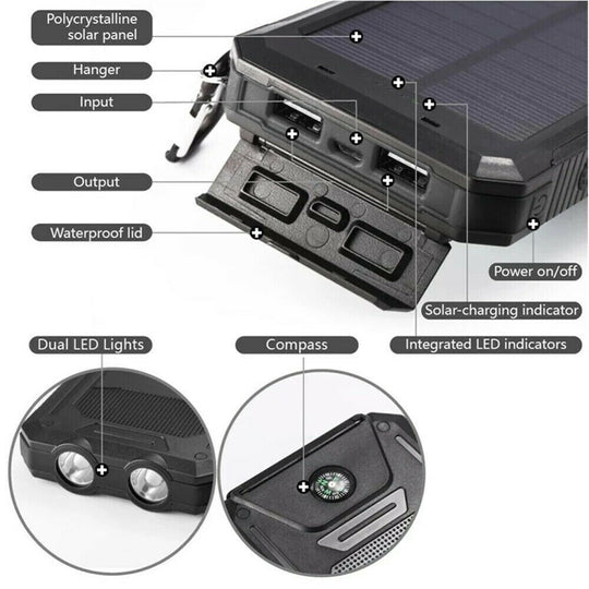 10000000mAh Solar Power Bank Waterproof 2USB LED Battery Charger For Cell Phone
