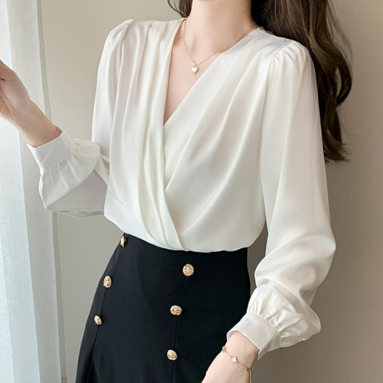 V-neck Satin Long-sleeved Shirt Women's Professional Bottoming Shirt