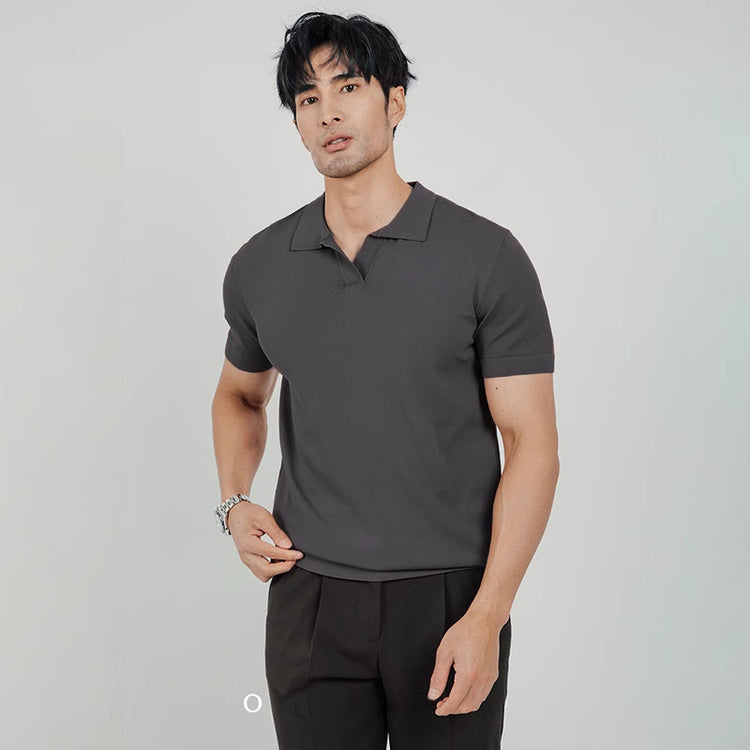 Lightly Mature Men's Lapel Knitted Polo Shirt Solid Color Short Sleeve