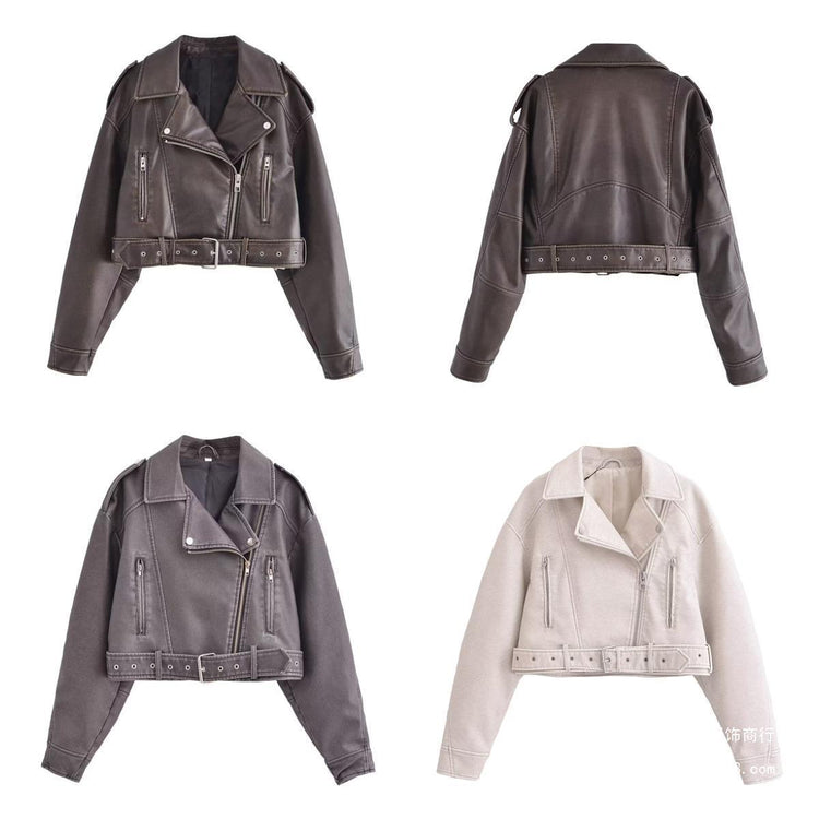 Washed Leather Motorcycle Jacket Women