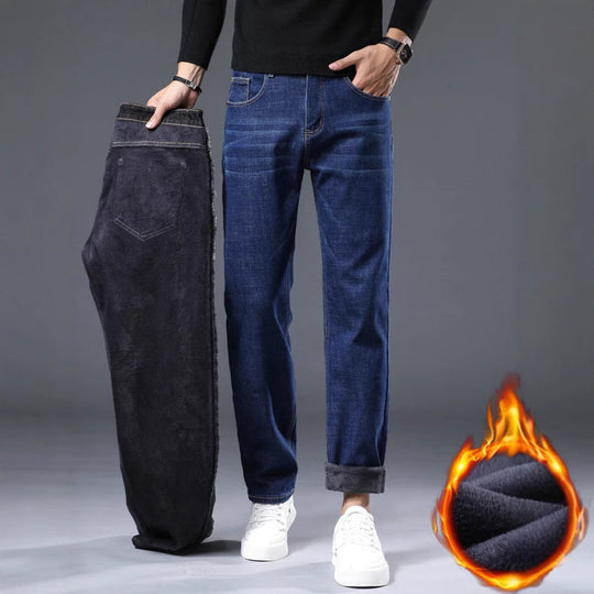 Winter Fleece-lined Thick Jeans Men's Plus Size Loose Straight Casual Trousers