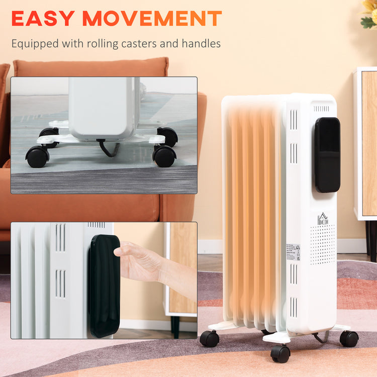 1500W Oil Filled Radiator, 7 Fin Portable Electric Heater With LED Display, 24H Timer, 3 Heat Settings, Adjustable Thermostat, Safety Cut Off, Remote Control, White